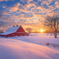 Winter_Sunrise_Over_Snowy_Farm_Red_Barn_Frosty_Fiel
