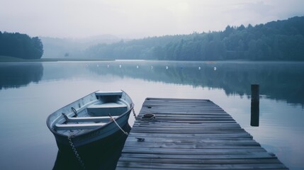 A tranquil lakeside scene with an empty rowboat moored to a wooden dock, enveloped in morning mist.