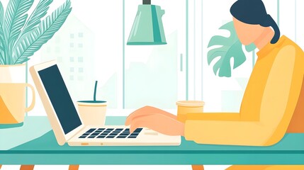 Fototapeta premium Woman Working on Laptop in Modern Office Setting