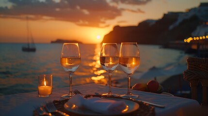 Obraz premium Romantic dinner for two at sunsetGreece Santorini restaurant on the beach above the volcano : Generative AI
