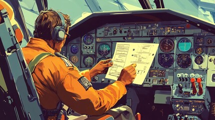 A flight engineer conducting pre-flight checks with a checklist in hand, surrounded by cockpit instruments