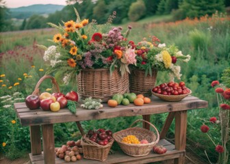 Vibrant wildflowers bloom around a rustic wooden stand, adorned with woven baskets and overflowing with fresh fruits, against a serene countryside landscape backdrop.