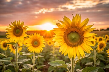 Fototapeta premium Vibrant yellow petals of sunflowers stretch towards the sky, set against a warm orange backdrop of a serene sunset in a lush green field.