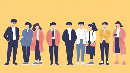 This watercolor illustration features a diverse group of people with various hairstyles and skin tones. The characters are portrayed in vibrant clothing and positioned against a yellow background.