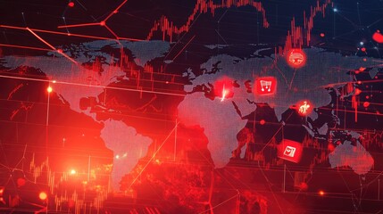 A world map with red warning signs, falling stock prices, and symbols of economic instability, representing a financial crisis.