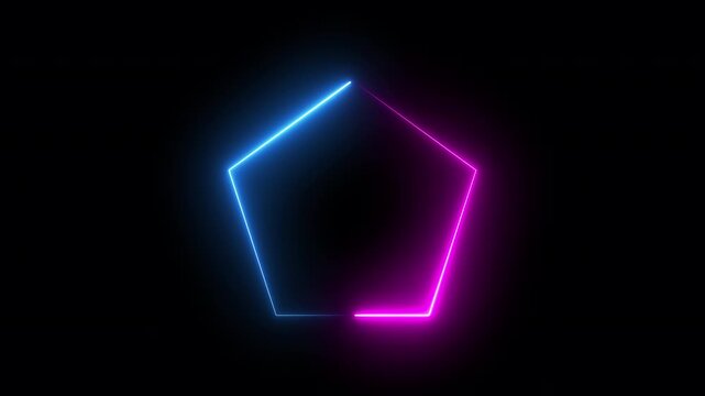 neon animation of pentagon shape on black background, fast moving blue rays. glowing lines, 4K animated seamless loop template