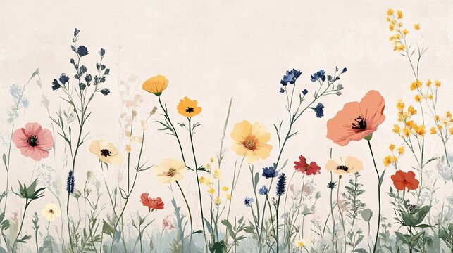 Repeating design of wildflowers in soft pastel colors on a neutral background