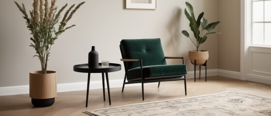 Elegant living room showcasing minimalist design with a chic chair, coffee table, and decorative vase. Neutral tones create a tranquil vibe perfect for modern homes.