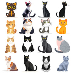 This image showcases a variety of adorable cartoon cats, each with different fur patterns and expressions. The cats are depicted in a simplistic