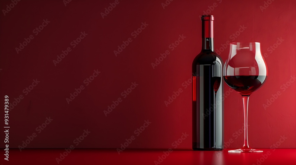 Poster Bottle and glass of red wine on a red background Copy space : Generative AI