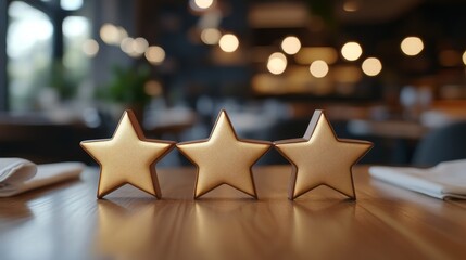 Elegant Five Star Rating Display on Blurred Restaurant Background with Copy Space.