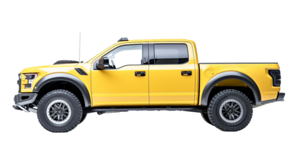 Modern powerful American Yellow pickup truck isolated on transparent background. 

