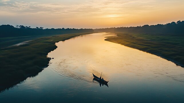Aerial perspective of a small canoe with fishermen on the Jamuna River, set against a peaceful landscape.