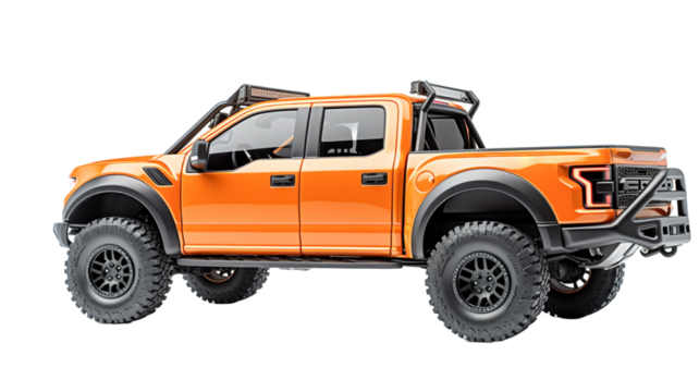 Orange mid-size pickup truck car isolated on a transparent background. 
