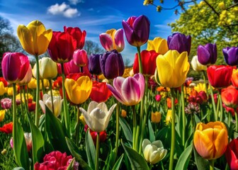 Vibrant tulips in every color of the rainbow bloom in harmony, filling the landscape with a kaleidoscope of colors under a crystal-clear blue sky.