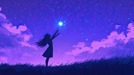 A silhouette of a woman reaching for a star in the night sky.
