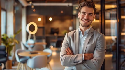 Fototapeta premium Smiling handsome businessman with crossed arms in modern office, young man exuding confidence, business success concept.