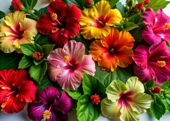 Obraz premium Vibrant multicolored hibiscus flowers in orange, red, pink, and yellow hues are beautifully arranged in a flat lay on a clean white background, perfect for creative projects.