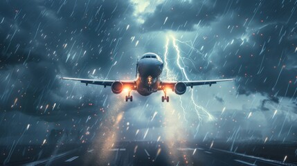 Fototapeta premium An airplane takes off against a stormy sky, with lightning illuminating the dramatic scene, signifying power and intensity.