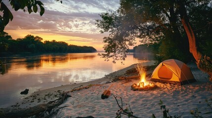 A_campsite_with_a_tent_and_campfire_on_a_sandy_rive