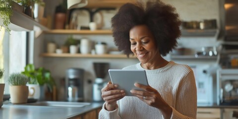 A woman is sitting at a kitchen counter with a tablet in her hand. She is smiling and she is enjoying her time
