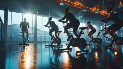 Determined individuals participate in a dynamic indoor cycling class, the gym lights reflecting their collective effort and intensity.