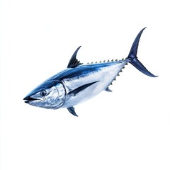 Fototapeta premium An action shot of a tuna mid-jump, showing its sleek form and vibrant details against a white backdrop