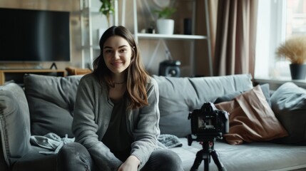 Obraz premium A woman seated on a modern sofa with a camera on a tripod, exuding a relaxed, homely atmosphere with soft lighting.