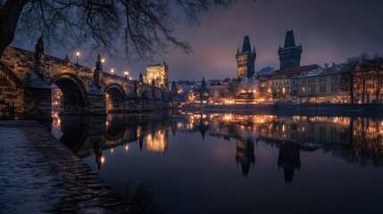 Obraz premium An enchanting night view of Charles Bridge with the Old Town Bridge Tower against a twilight sky, reflecting in the river.