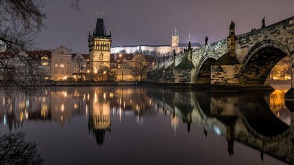 Obraz premium An enchanting night view of Charles Bridge with the Old Town Bridge Tower against a twilight sky, reflecting in the river.