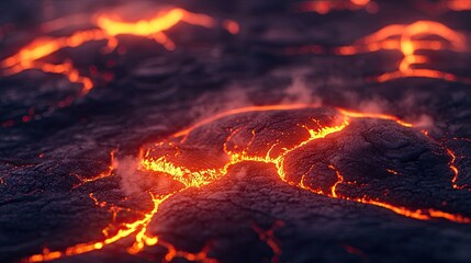 An intense scene of hot, molten lava spreading across the ground, with steam rising and cracks glowing.