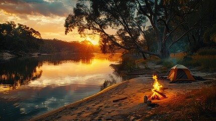 A_campsite_with_a_tent_and_campfire_on_a_sandy_rive