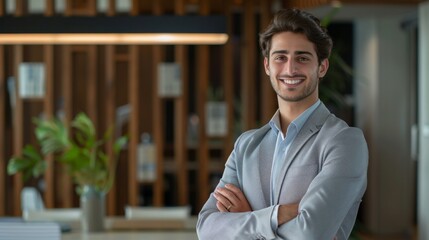 Obraz premium Smiling handsome businessman with crossed arms in modern office, young man exuding confidence, business success concept.