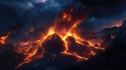 An intense volcanic eruption at night, with glowing lava and dark smoke rising into the sky.