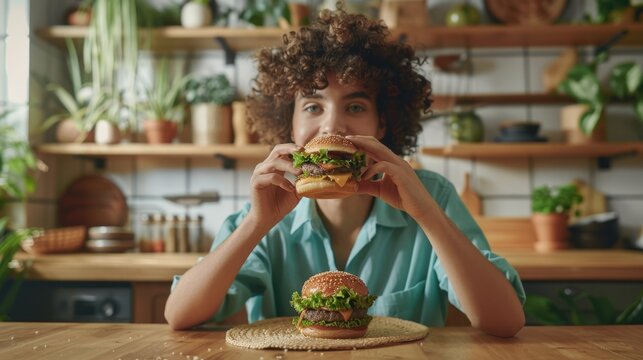 The woman eating burgers