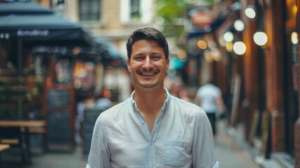 A cheerful man in a white shirt stands in a vibrant urban street, his welcoming smile brightening the bustling ambiance.