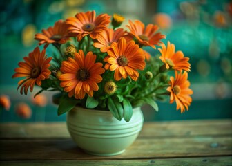 Vibrant orange daisy flowers in a white vase on a wooden table, contrasting against a soft, blurred background, exuding elegance and showcasing floral beauty perfectly.