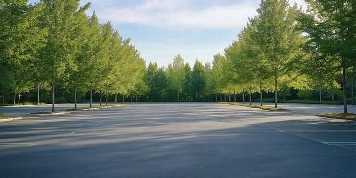 A parking lot with trees in the background. The trees are green and the sky is blue