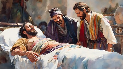Watercolor Painting of Jesus Visiting a Sick Man.