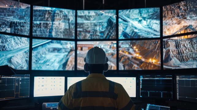 A lone operator monitors a high-tech control room filled with screens displaying a vast industrial mining operation, reflecting precision and vigilance.