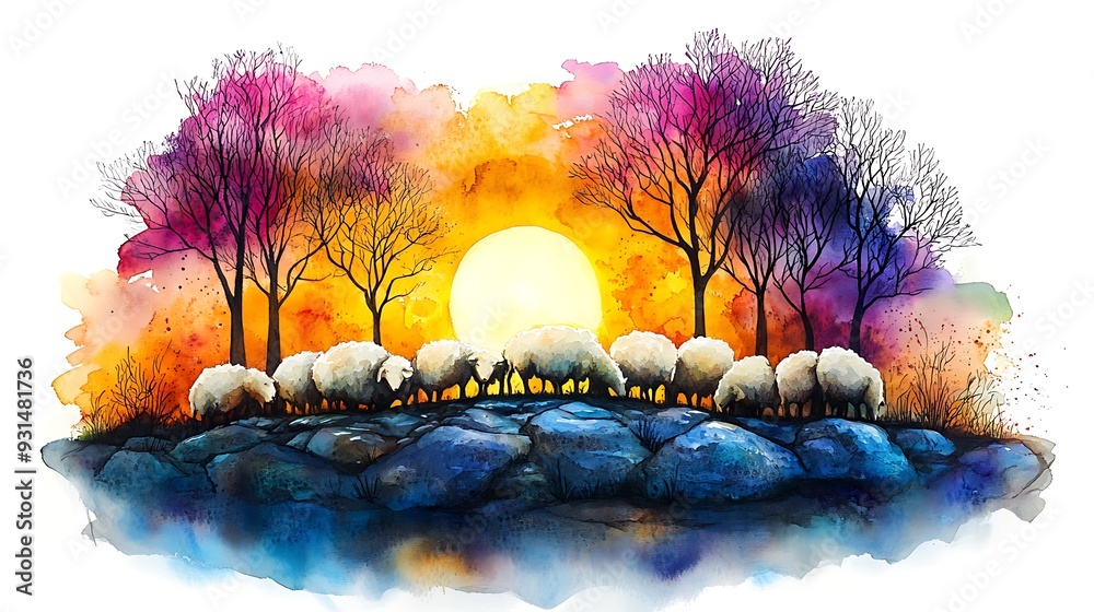 Sticker Watercolor Painting of Sheep Silhouetted Against Sunset.