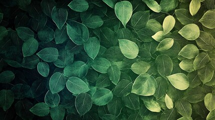 Abstract pattern of leaves with a gradient of green tones creating a lush wallpaper