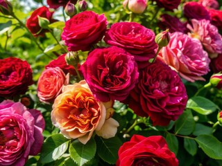 Obraz premium Vibrant garden roses in full bloom, showcasing various shades of pink and red, surrounded by lush green foliage, perfect for romantic or floral themed designs.