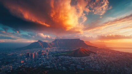 Cape Town cityscape seen from above, with the sun setting behind Table Mountain and warm colors in the sky.