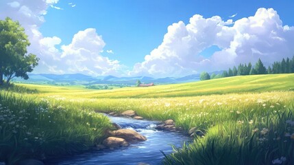 Fototapeta premium A tranquil stream flows through a lush meadow, surrounded by rolling hills and a clear blue sky.