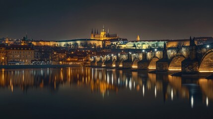 Fototapeta premium Charles Bridge illuminated at night, with the Prague Castle in the background and reflections in the calm Vltava River.