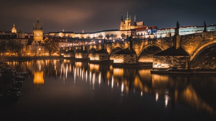Obraz premium Charles Bridge illuminated at night, with the Prague Castle in the background and reflections in the calm Vltava River.