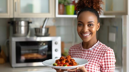 A_woman_is_smiling_and_holding_a_plate_of_food
