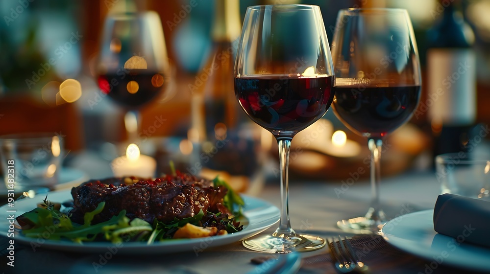 Poster table setting with plate of beef with glasses of red wine : Generative AI