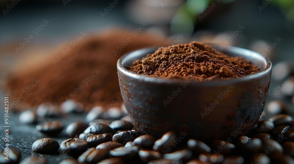 Poster tamped puck of coffee grounds within basket of portafilter and coffee beans spilled around in a dark